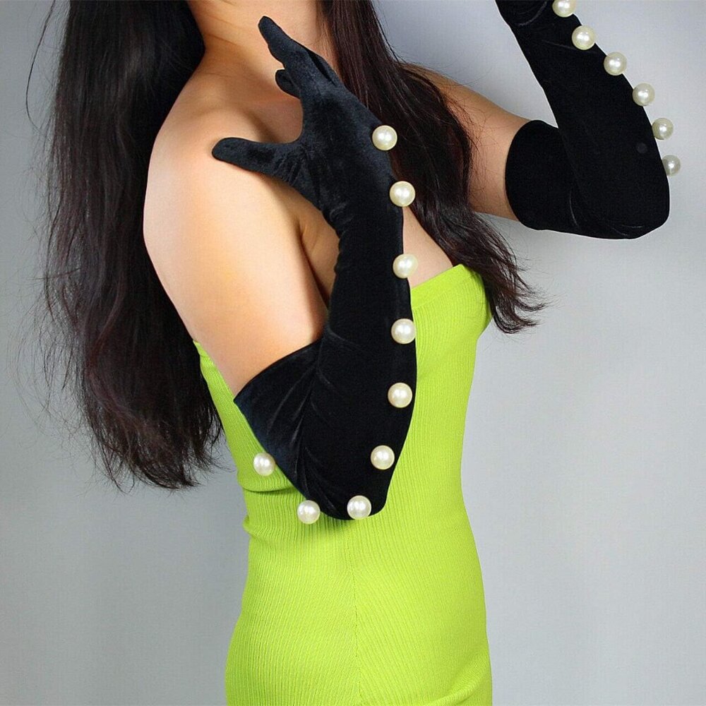 Women's Elegant Pearls Velvet Long Gloves Stretch Super Comfort Party Prom - Picture 7 of 7